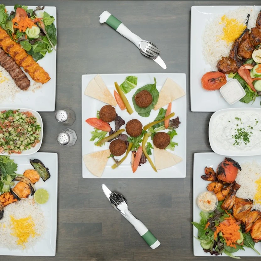 Mediterranean falafel balls, kabobs and salad