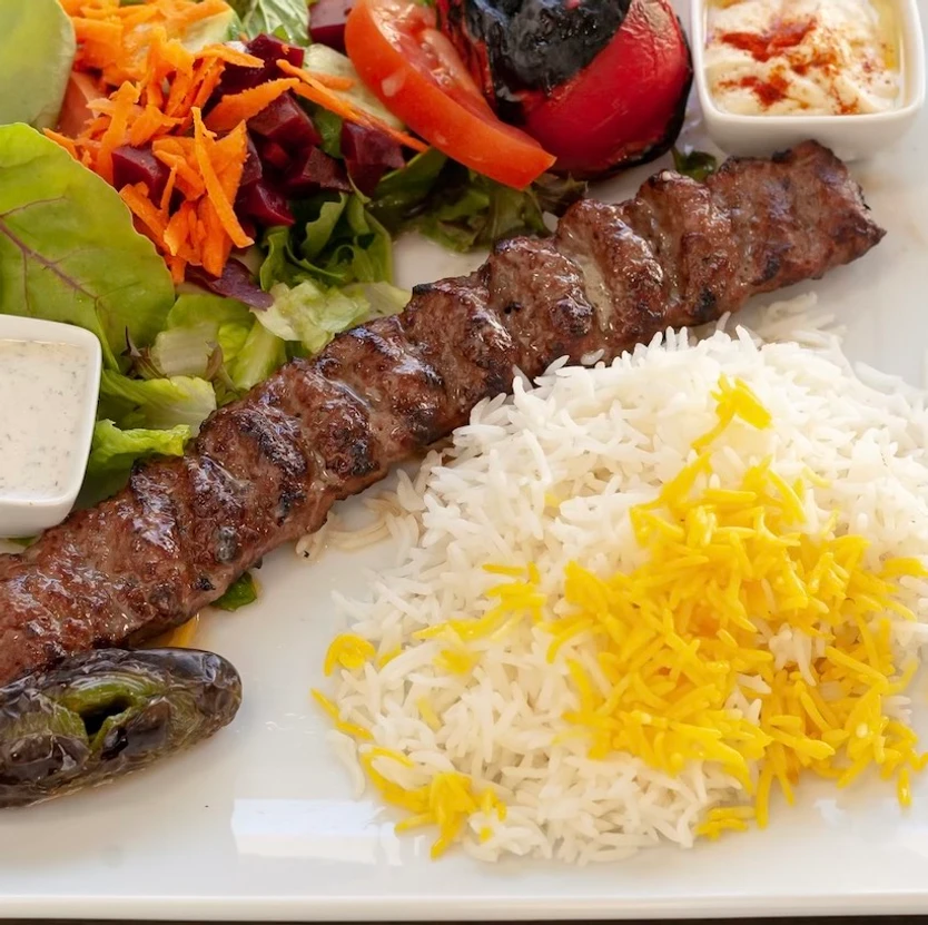 kabob, rice and salad